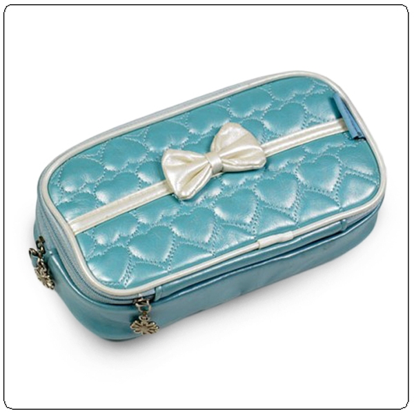 lovely bowknot two layer pu makeup pouch for lady 