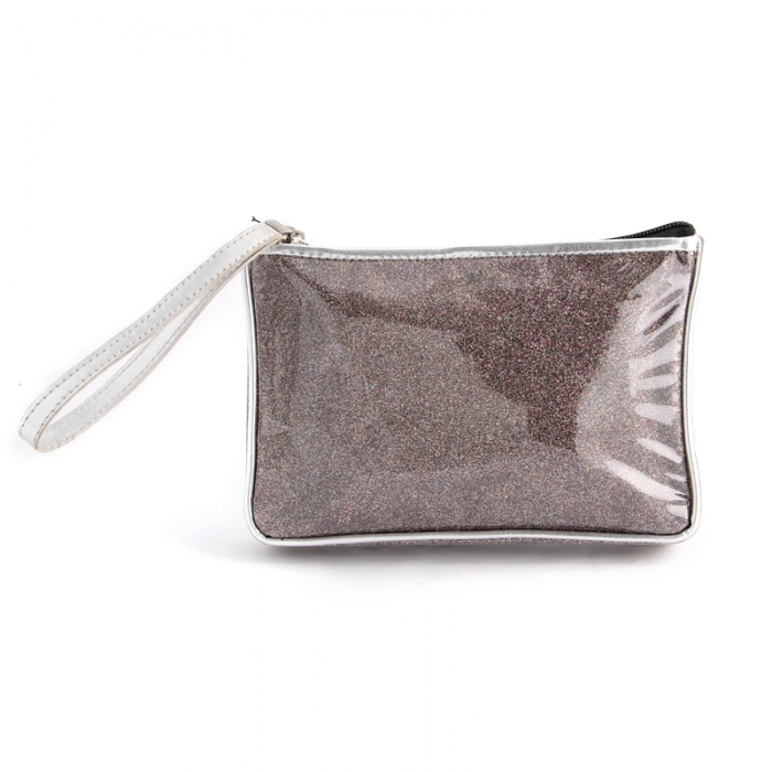 glitter powder transparant PVC cosmetic bag with handle 