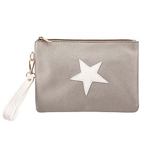 Wholesale wrist strap star patch pu grey clutch makeup bag FY-A2-003